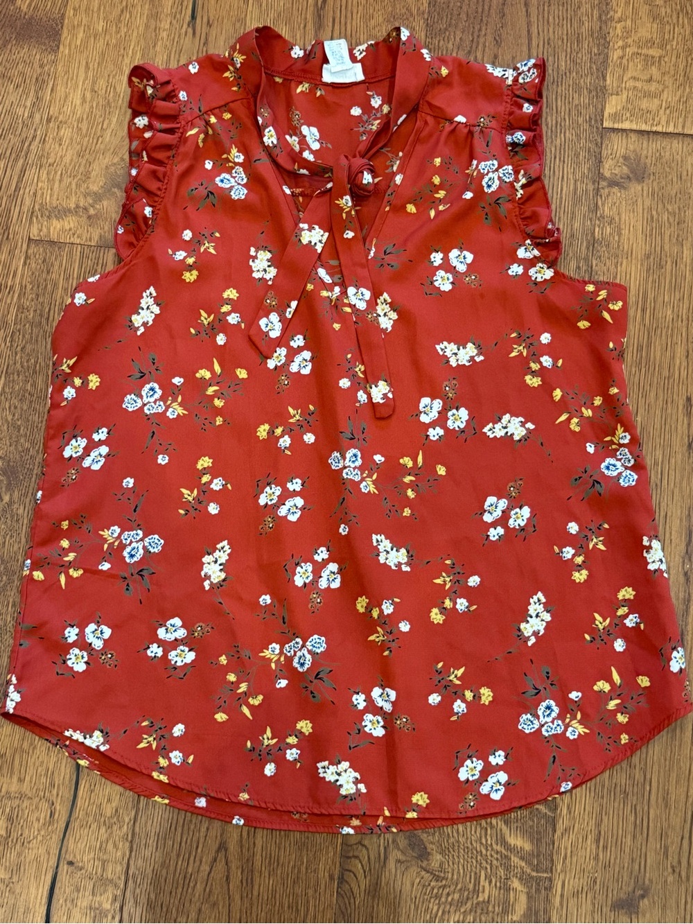 Rust Sleeveless Floral  Blouse with Neck Tie Size Medium